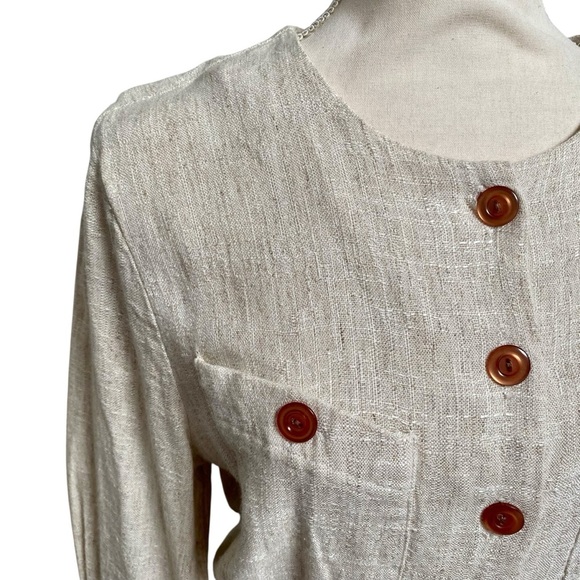 Peri Petites Flax Blend Button Front Midi Dress Beige Linen Look Made in USA M - Picture 5 of 15